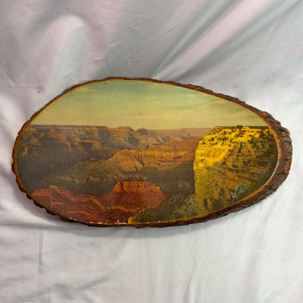 Vintage Grand Canyon Sunset Wood Slice Wall Plaque Rustic Bark Edge Souvenir USA